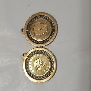 VINTAGE 1965 GOLD TONE CHARMS, Engraved on back Grad. And girl's silhouette